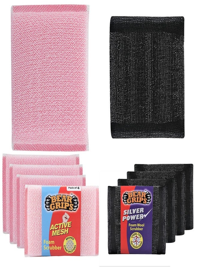 BEAR GRIPS Silver Power Foam Wool Scrubber with Steel Loops for Tough Oily Stains and Active Mesh Foam with Stain Splitter net Scrub for All Utensils Type Dish Washing - Combo Pack of 8 - Image 1
